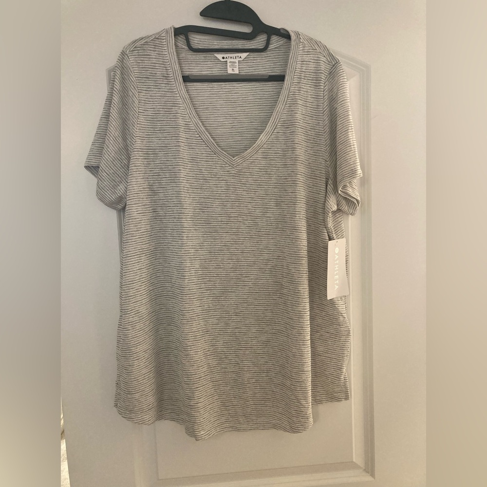 Athleta new with tags !Heathered Gray stripe V-Neck Tee